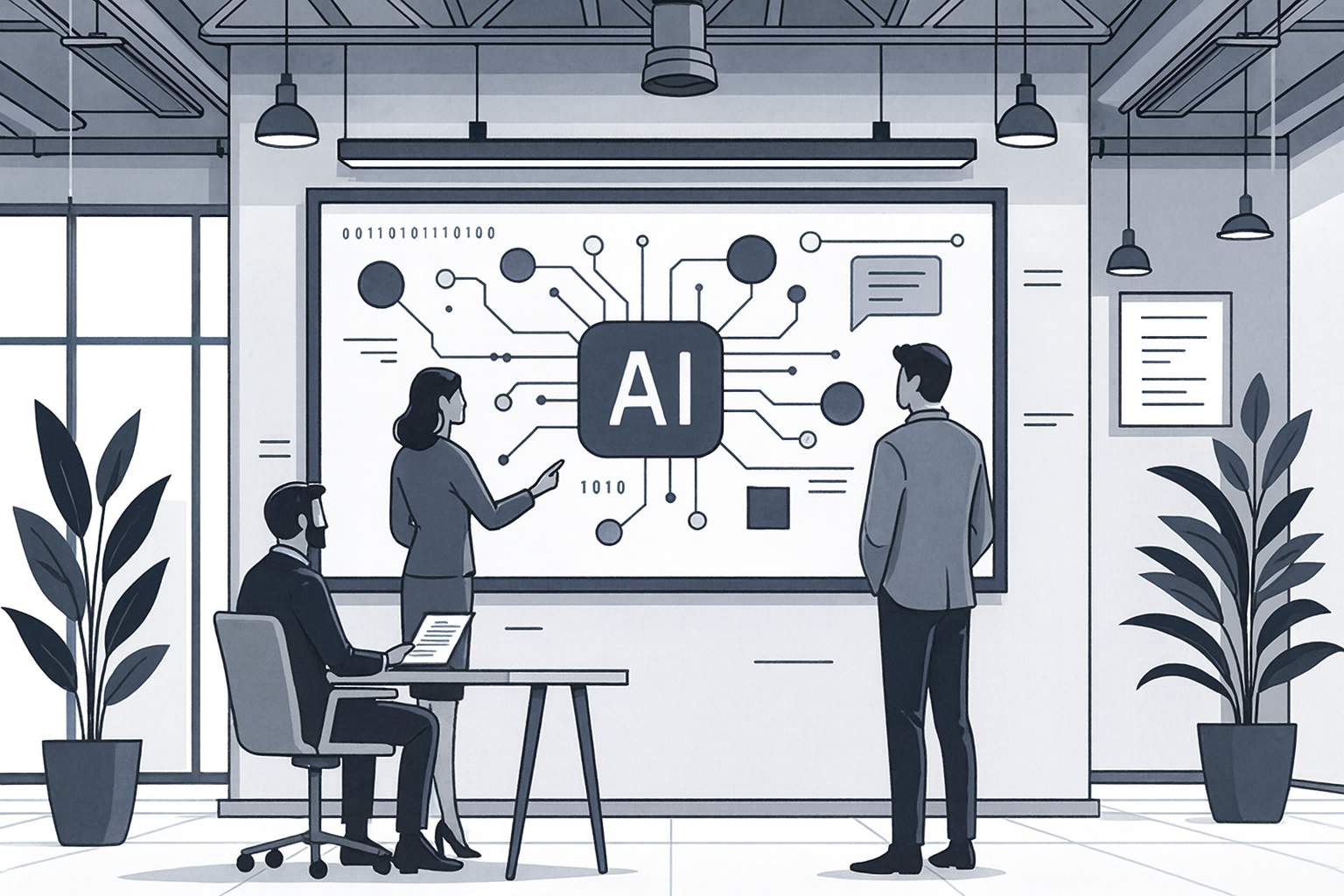 Business professionals analyzing AI strategy and ROI