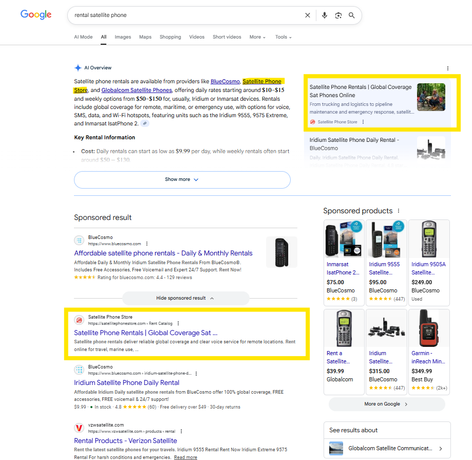 Google search results page showing high-quality content ranking with featured snippets, knowledge panels, and top search positions