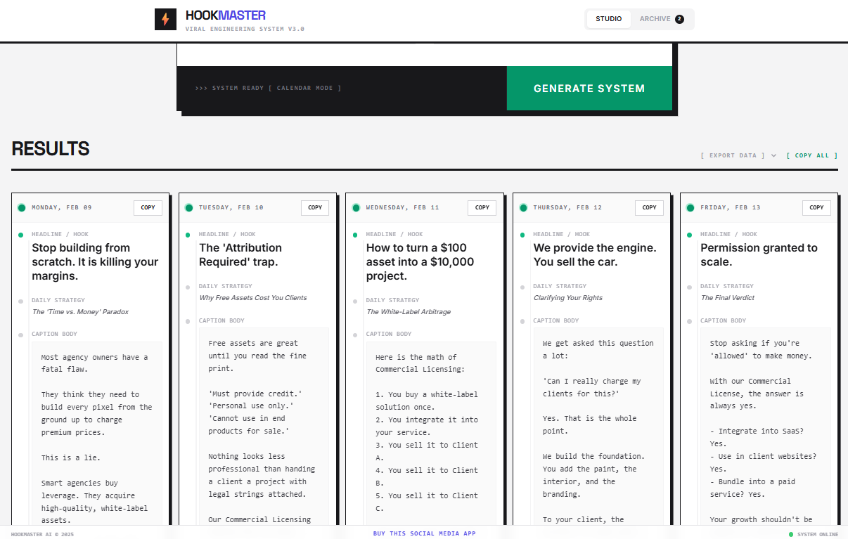 HookMaster AI Calendar Mode - 5-Day Content Plan